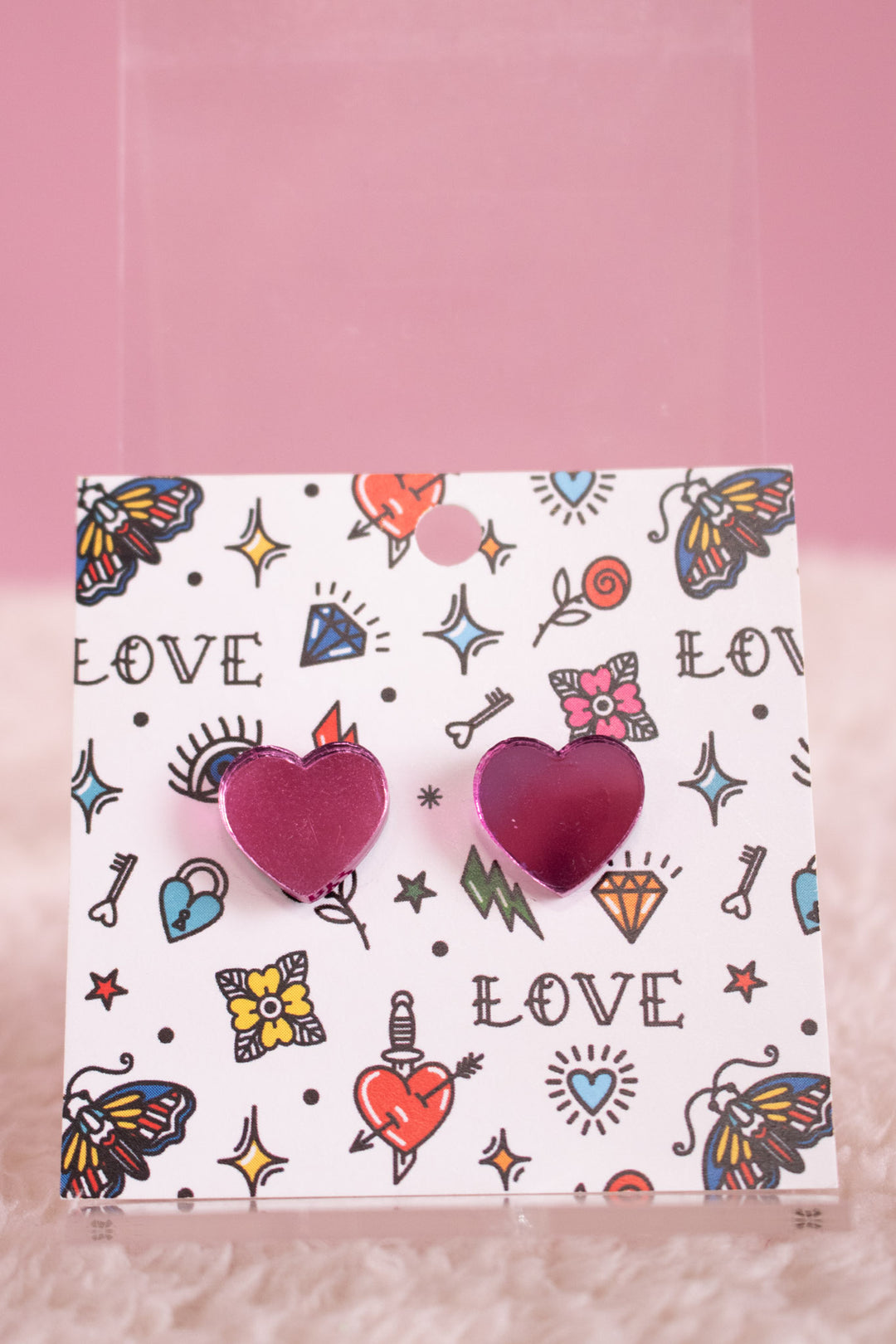Pink Mirror Hearts Earrings