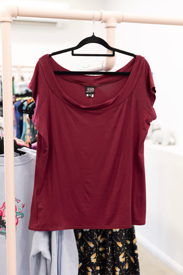 Retro Boat Neck Top in Burgundy Size 2XL DAMAGED