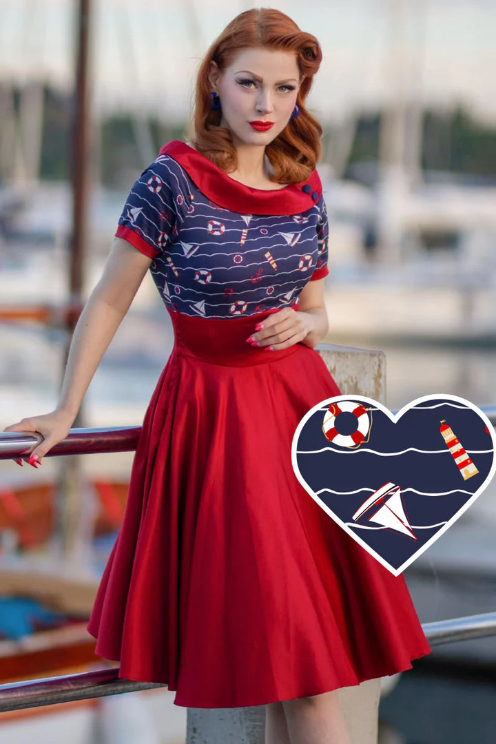 PREORDER - Darlene Navy Blue & Burgundy Nautical Swing Dress - Expected dispatch 2nd of June