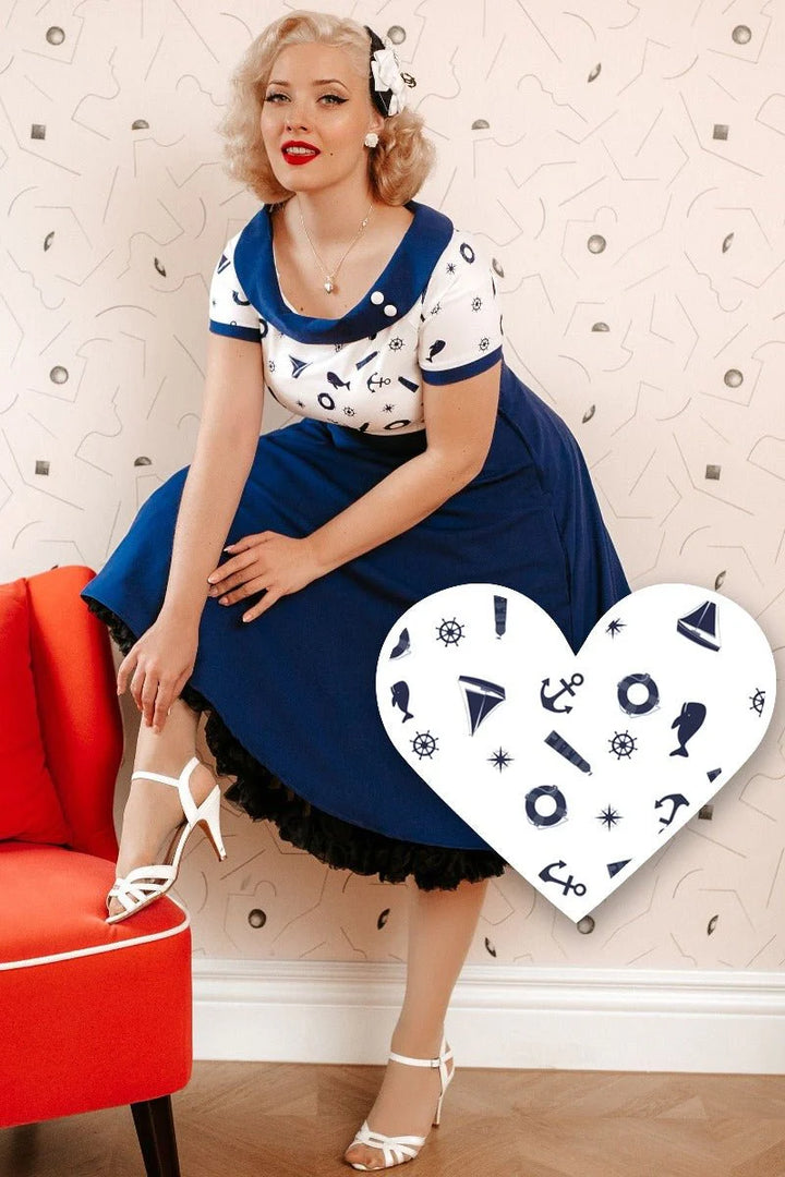 PREORDER - Darlene Navy And White Nautical Swing Dress - Expected dispatch 2nd of June