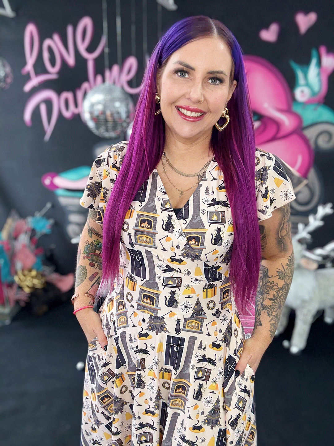 INSTOCK - Mimi Swing Dress - Retro Cats Christmas