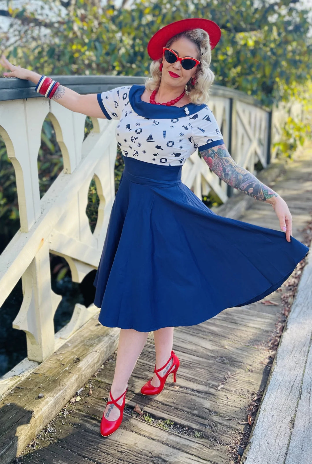 PREORDER - Darlene Navy And White Nautical Swing Dress - Expected dispatch 2nd of June