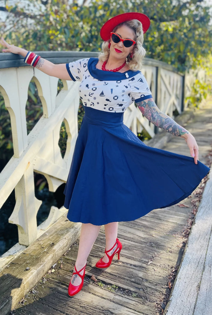 PREORDER - Darlene Navy And White Nautical Swing Dress - Expected dispatch 2nd of June