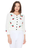 Ivory and Red Cherry 3/4 Sleeve Cropped Cardigan