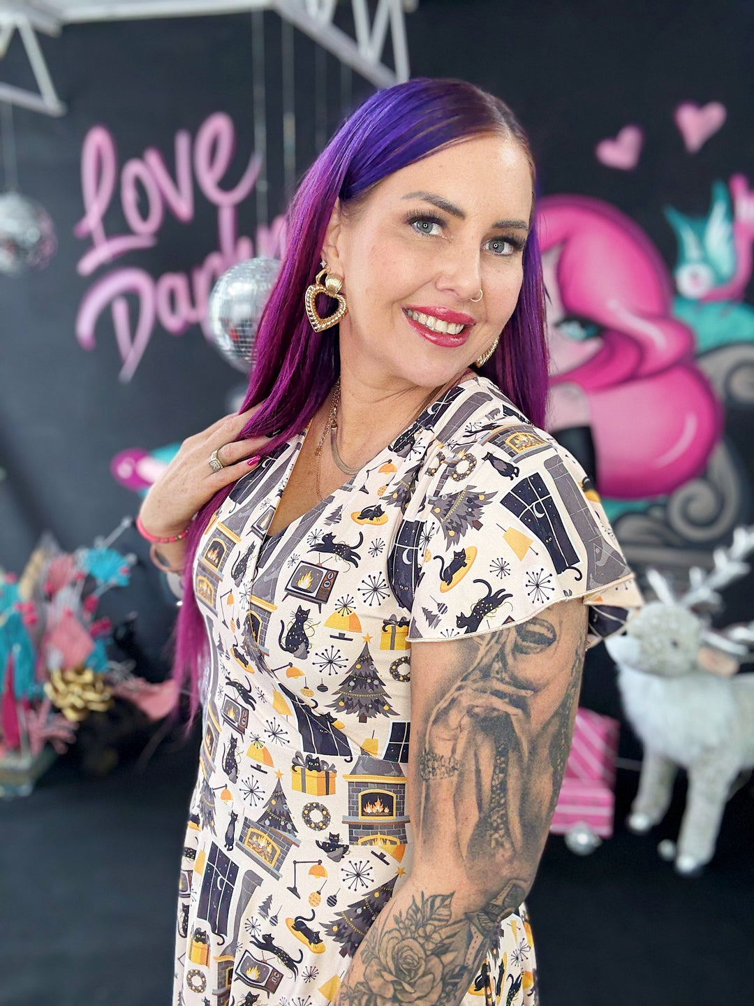 INSTOCK - Mimi Swing Dress - Retro Cats Christmas