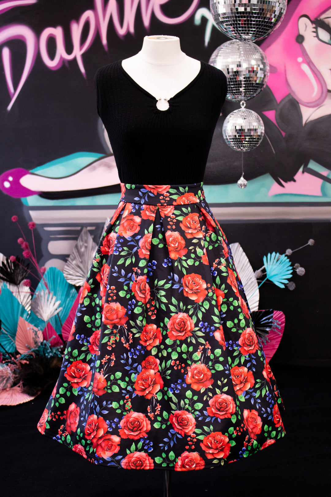 Aisley Red Rose Pleated Midi Skirt