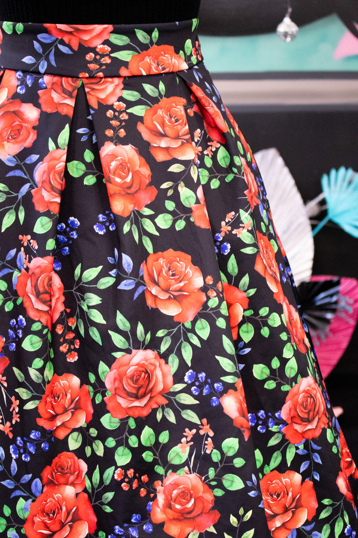 Aisley Red Rose Pleated Midi Skirt