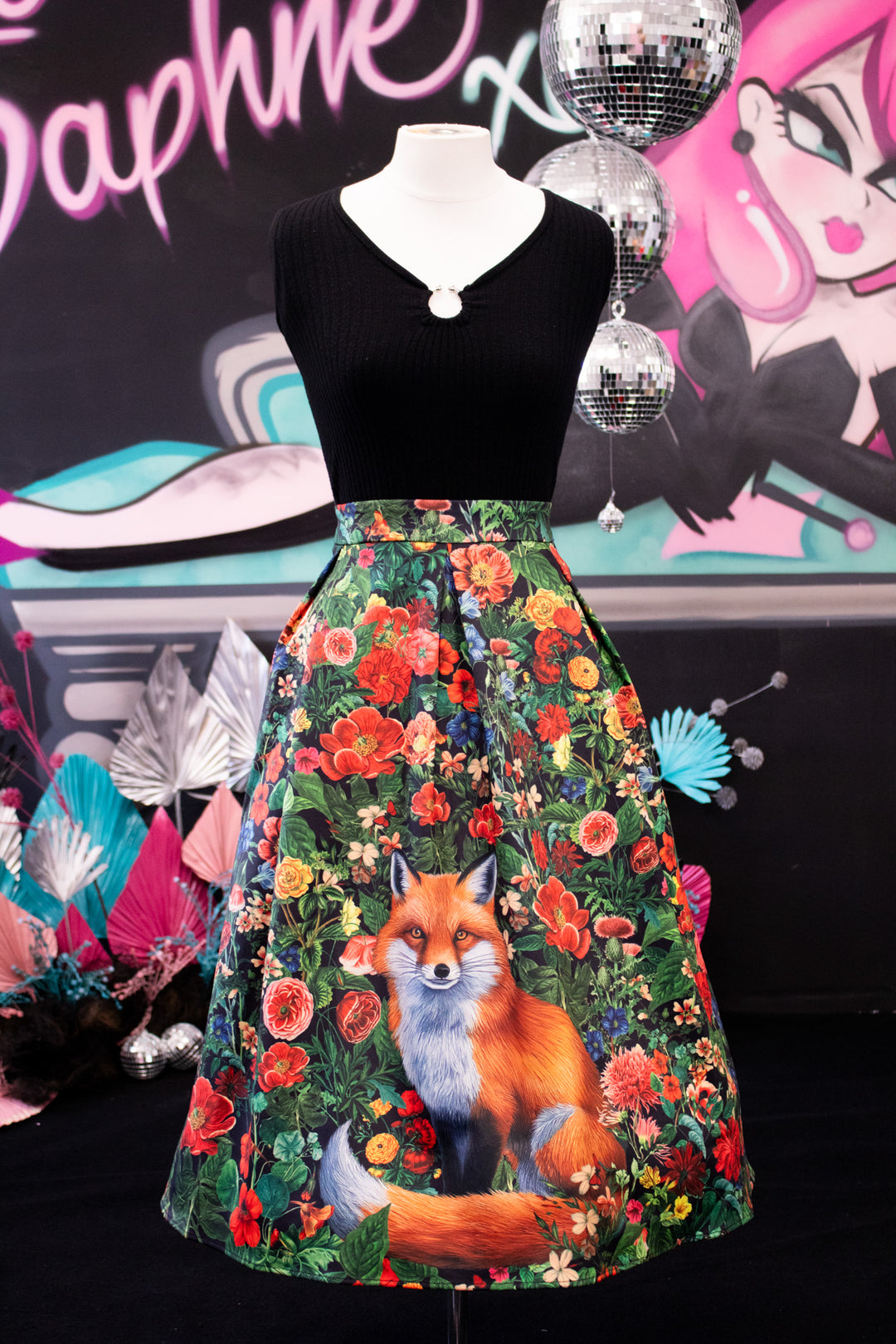 Aisley Floral Forest & Fox Pleated Midi Skirt