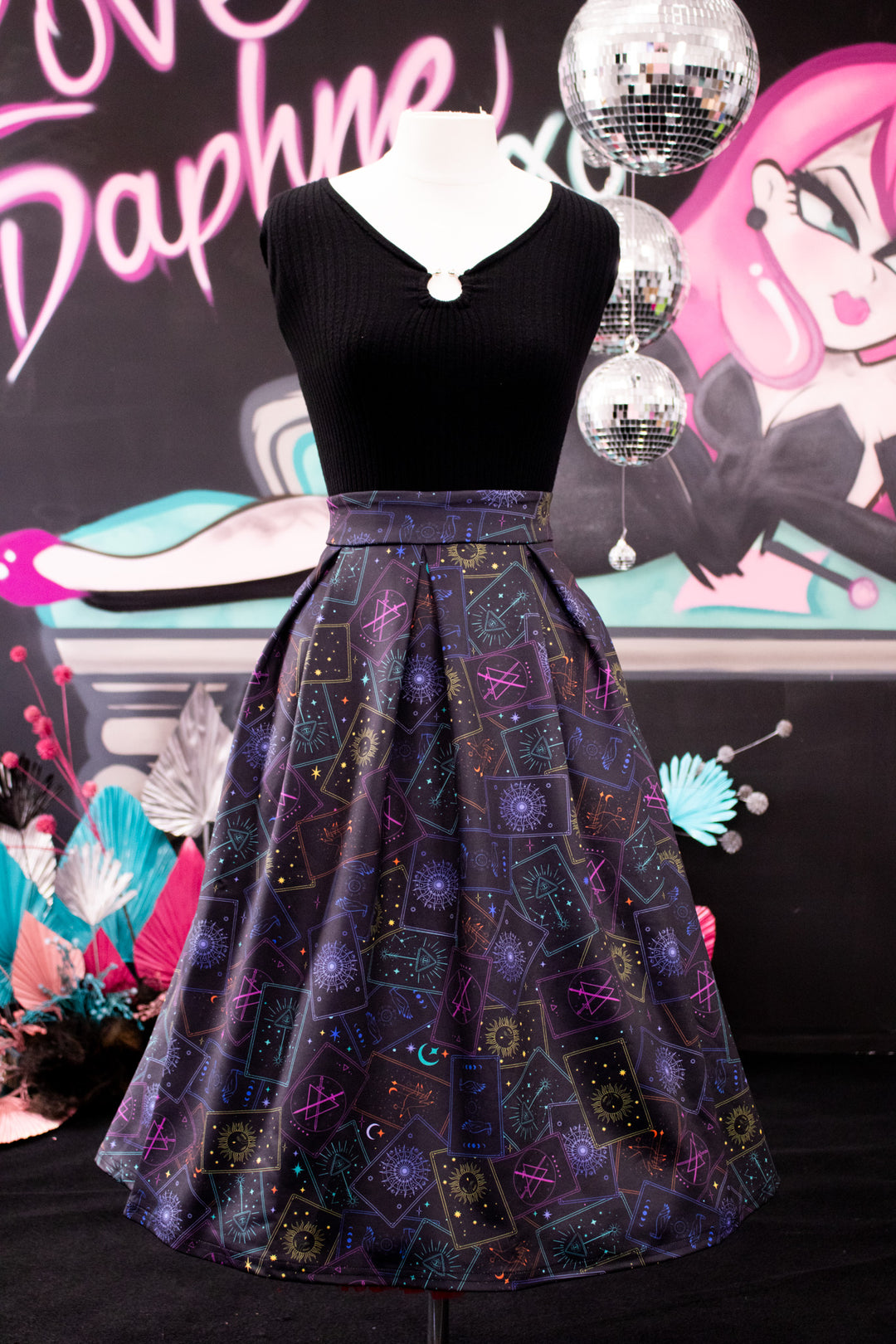 Aisley Black Neon Tarot Card Pleated Midi Skirt