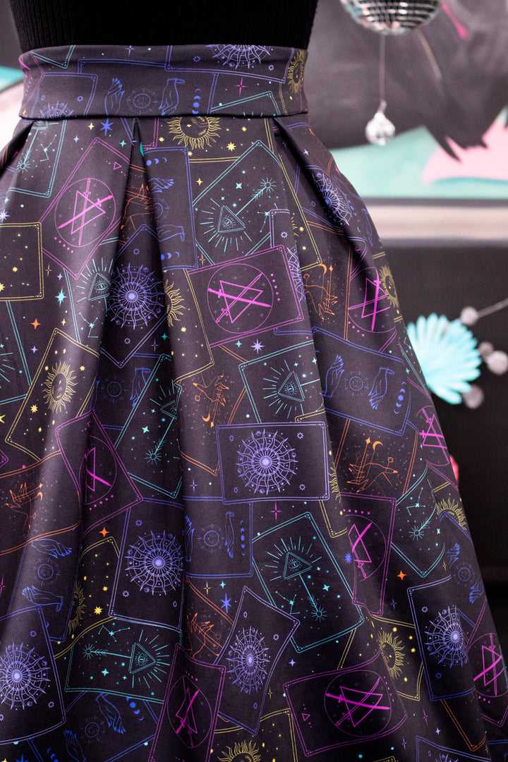 Aisley Black Neon Tarot Card Pleated Midi Skirt