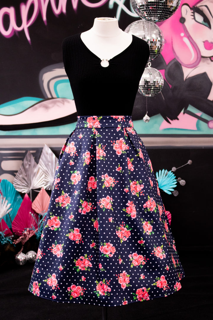 Aisley Navy Polka Dot Rose Pleated Midi Skirt