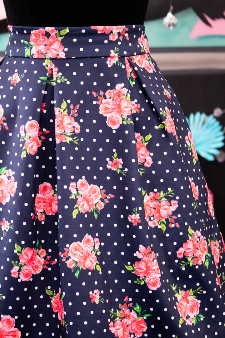 Aisley Navy Polka Dot Rose Pleated Midi Skirt