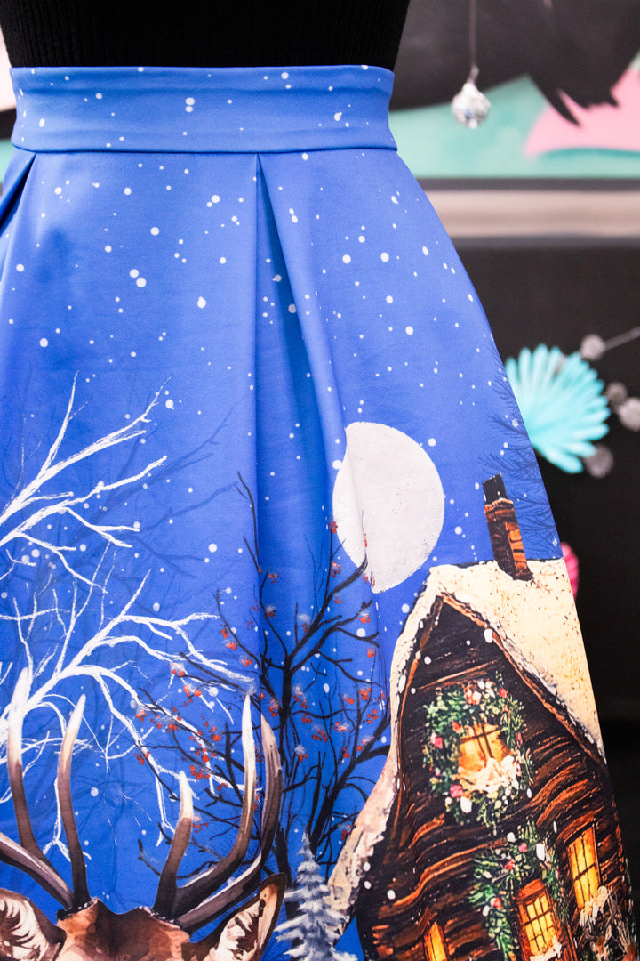 INSTOCK - Aisley Blue Reindeer Pleated Midi Skirt