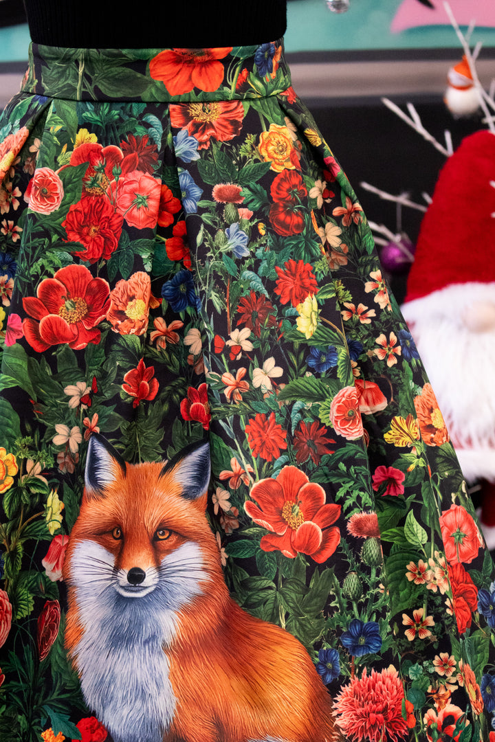 Aisley Floral Forest & Fox Pleated Midi Skirt
