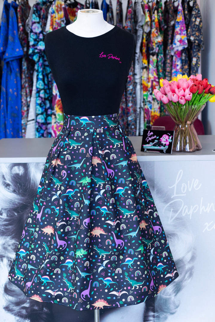 Aisley Rainbow Dinosaur Pleated Midi Skirt