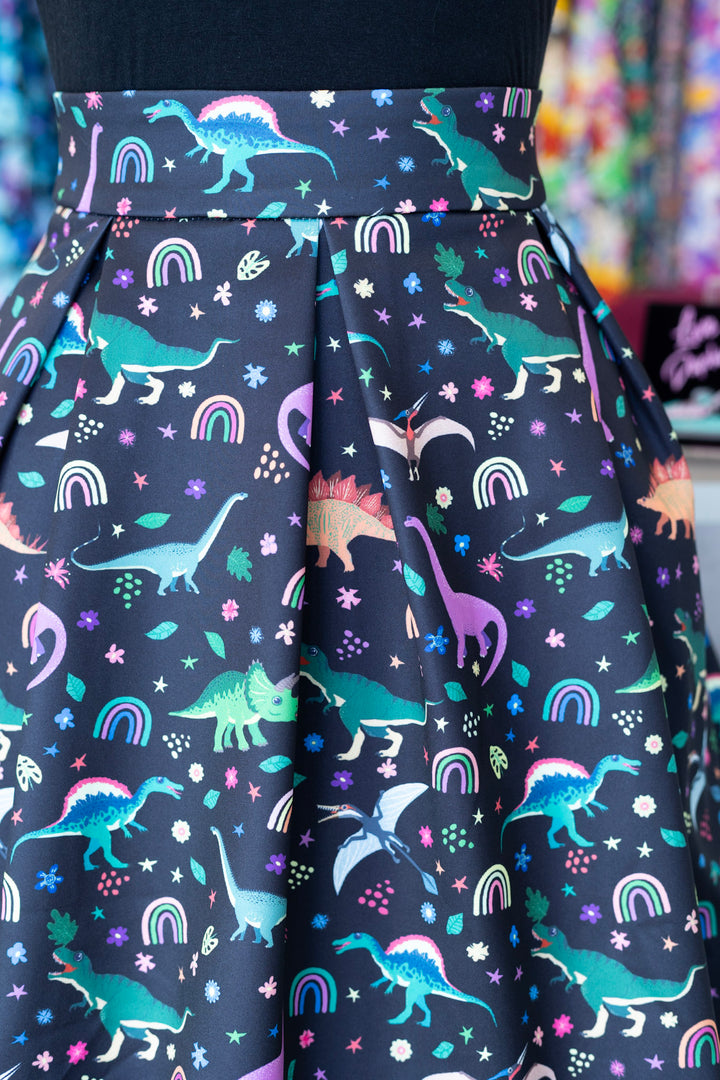 Aisley Rainbow Dinosaur Pleated Midi Skirt