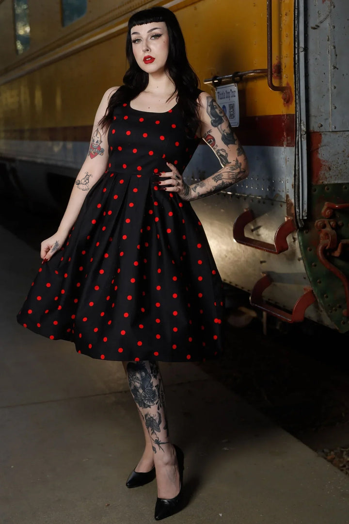 PRE-ORDER - Amanda Black & Red Polka Dot Swing Dress - Expected dispatch 16th of June