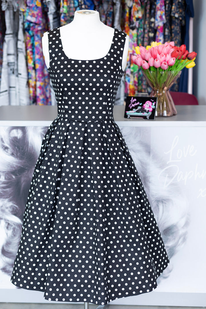 PRE-ORDER - Amanda Black & White Polka Dot Swing Dress - Expected dispatch 24th of June