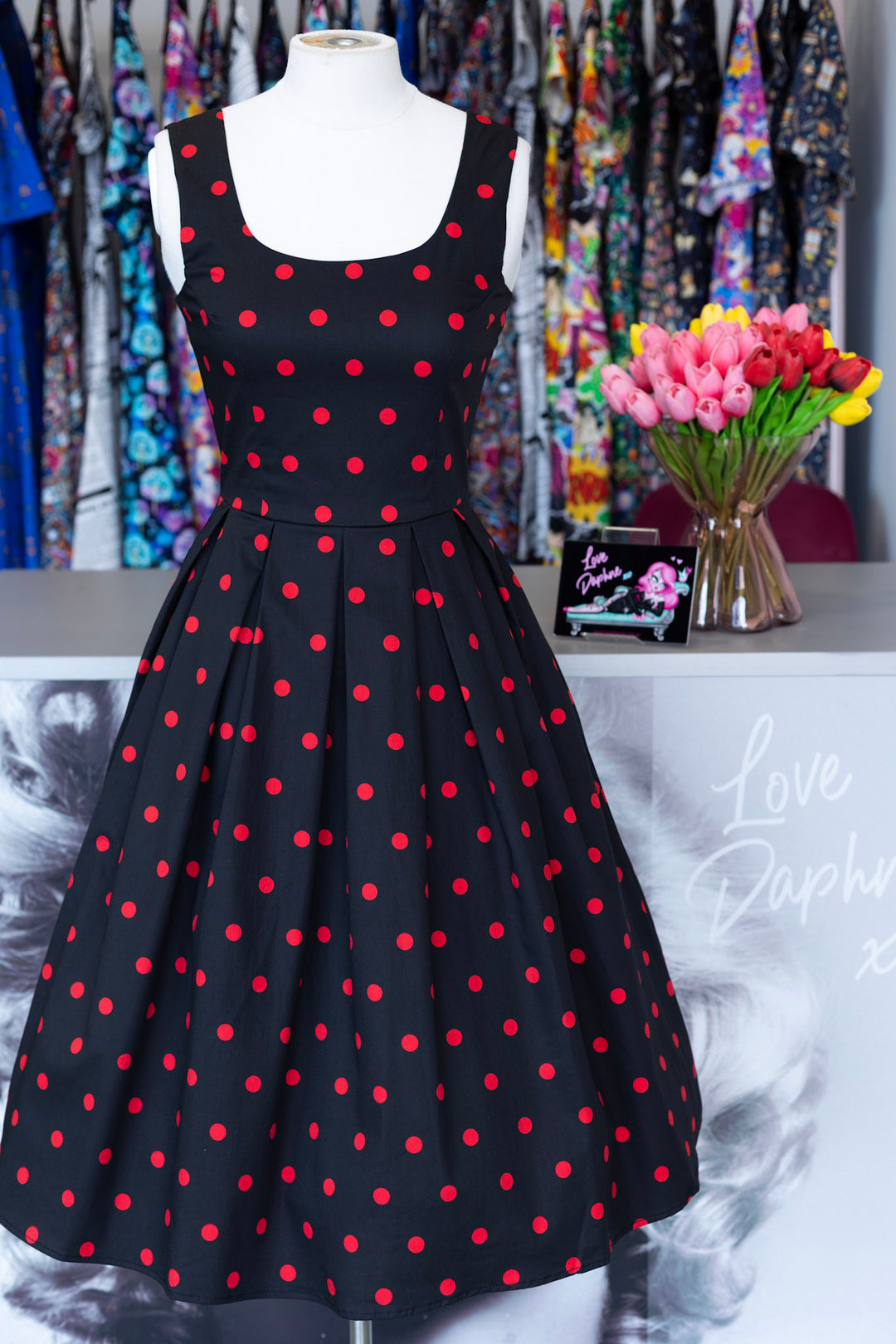 PRE-ORDER - Amanda Black & Red Polka Dot Swing Dress - Expected dispatch 7th of July