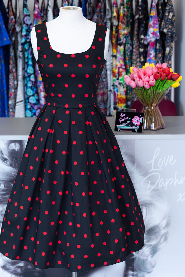 PRE-ORDER - Amanda Black & Red Polka Dot Swing Dress - Expected dispatch 7th of July