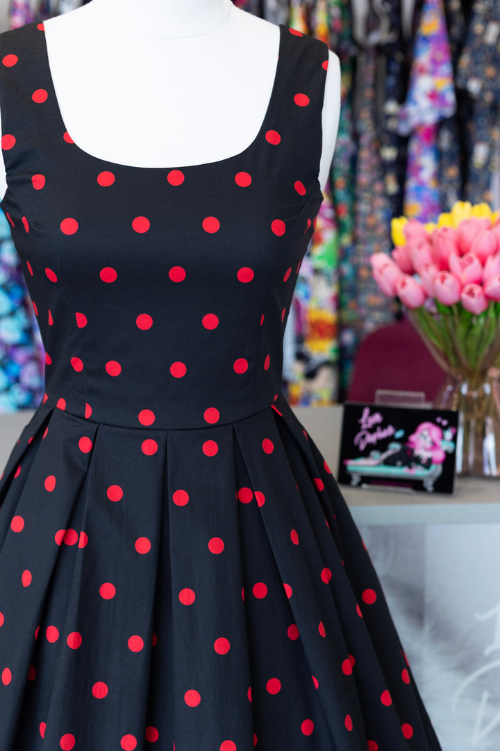 PRE-ORDER - Amanda Black & Red Polka Dot Swing Dress - Expected dispatch 7th of July