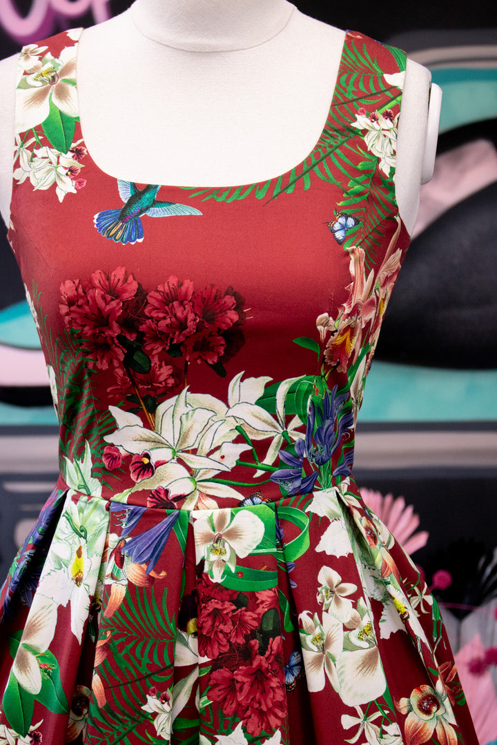 PREORDER - Amanda Burgundy Scoop Neck Botanical Print Dress - Expected dispatch 16th of June