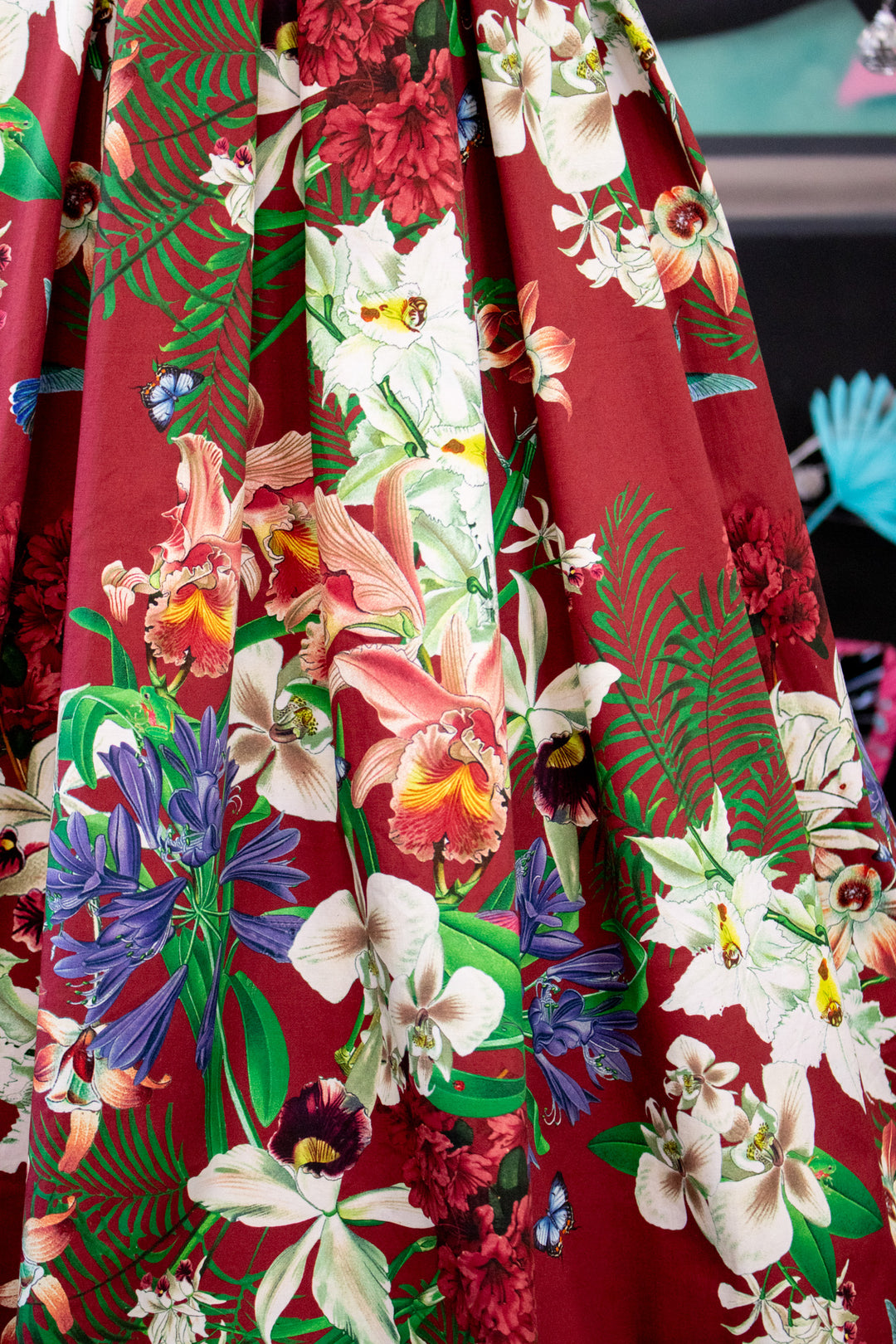PREORDER - Amanda Burgundy Scoop Neck Botanical Print Dress - Expected dispatch 16th of June