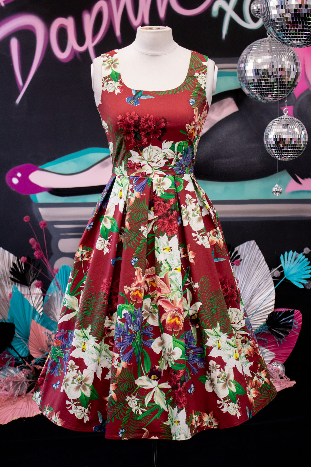 PREORDER - Amanda Burgundy Scoop Neck Botanical Print Dress - Expected dispatch 16th of June