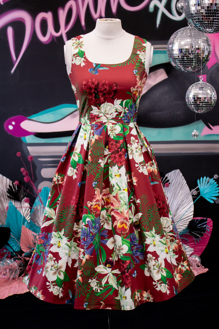 PREORDER - Amanda Burgundy Scoop Neck Botanical Print Dress - Expected dispatch 16th of June