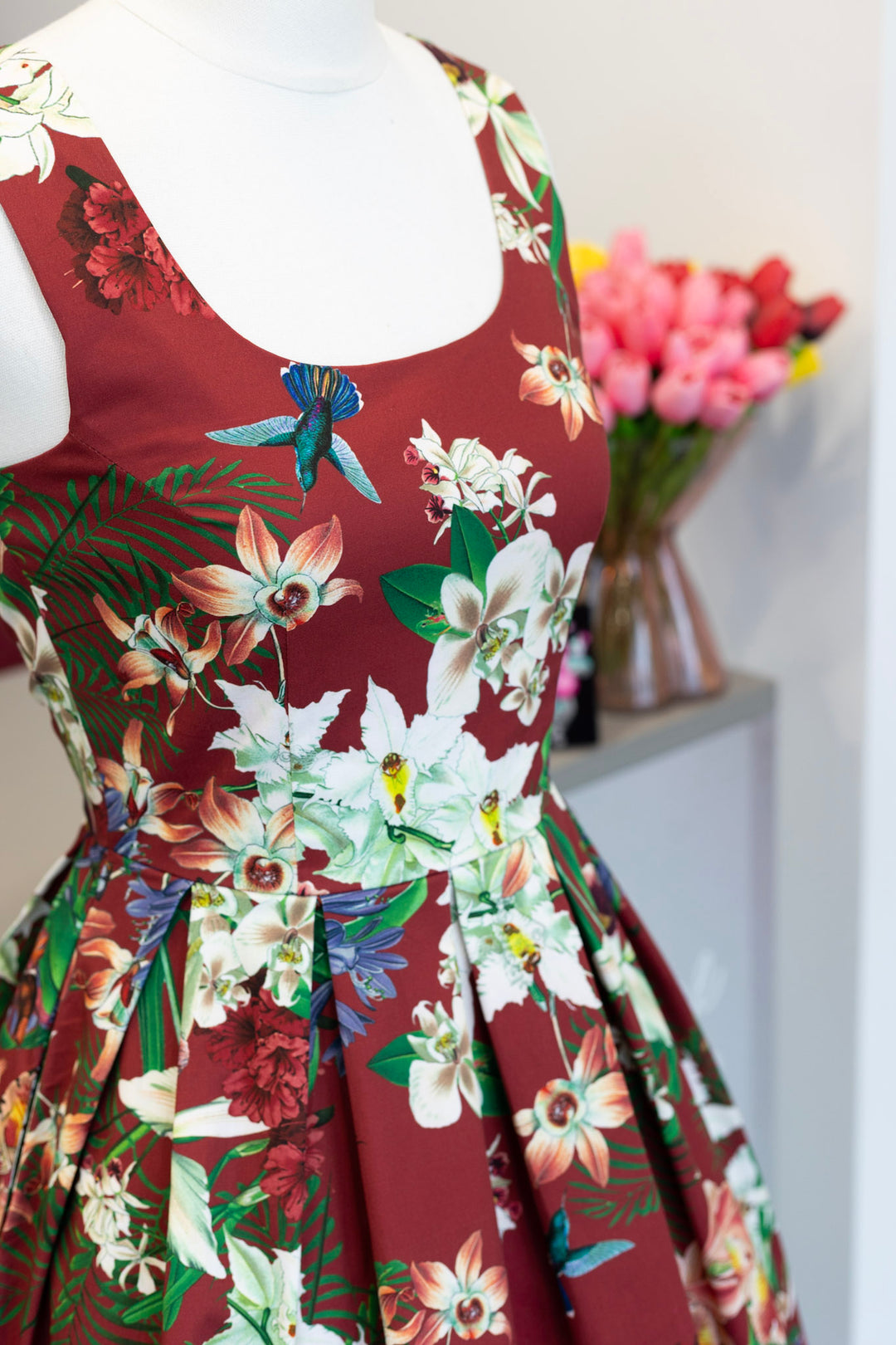 PREORDER - Amanda Burgundy Scoop Neck Botanical Print Dress - Expected dispatch 7th of July