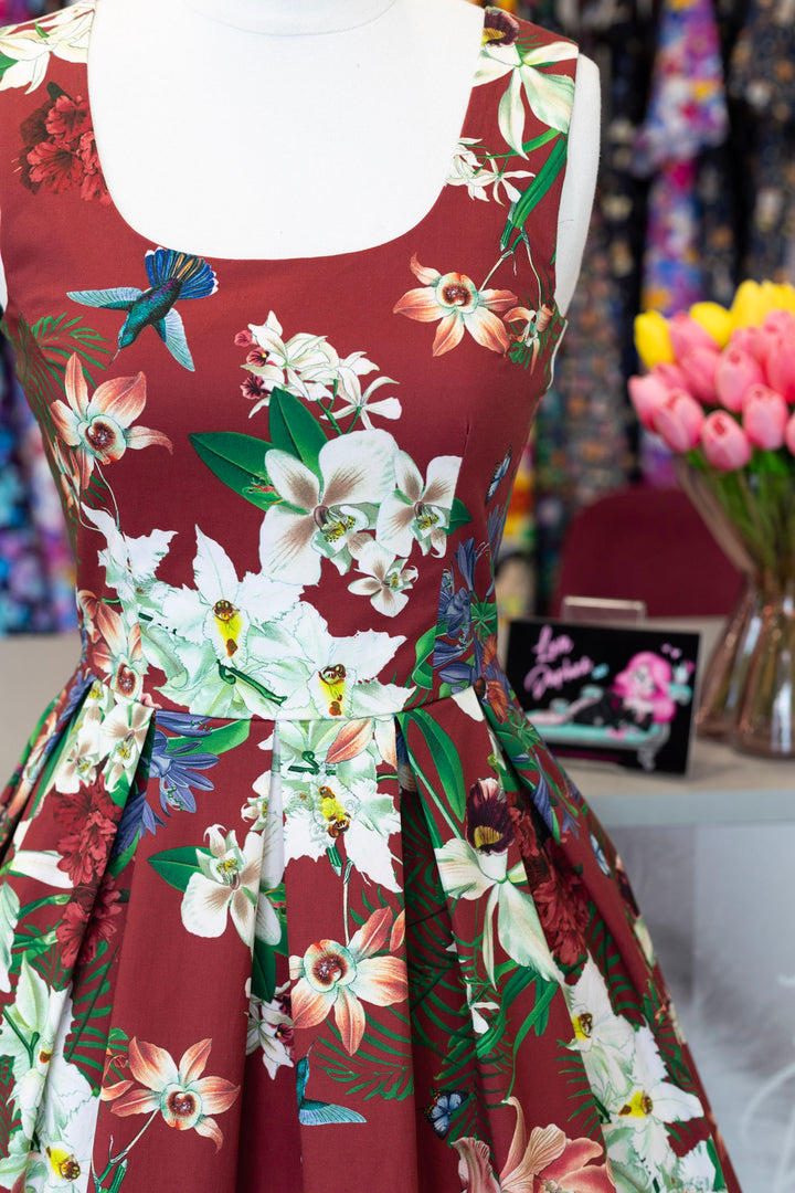 PREORDER - Amanda Burgundy Scoop Neck Botanical Print Dress - Expected dispatch 7th of July