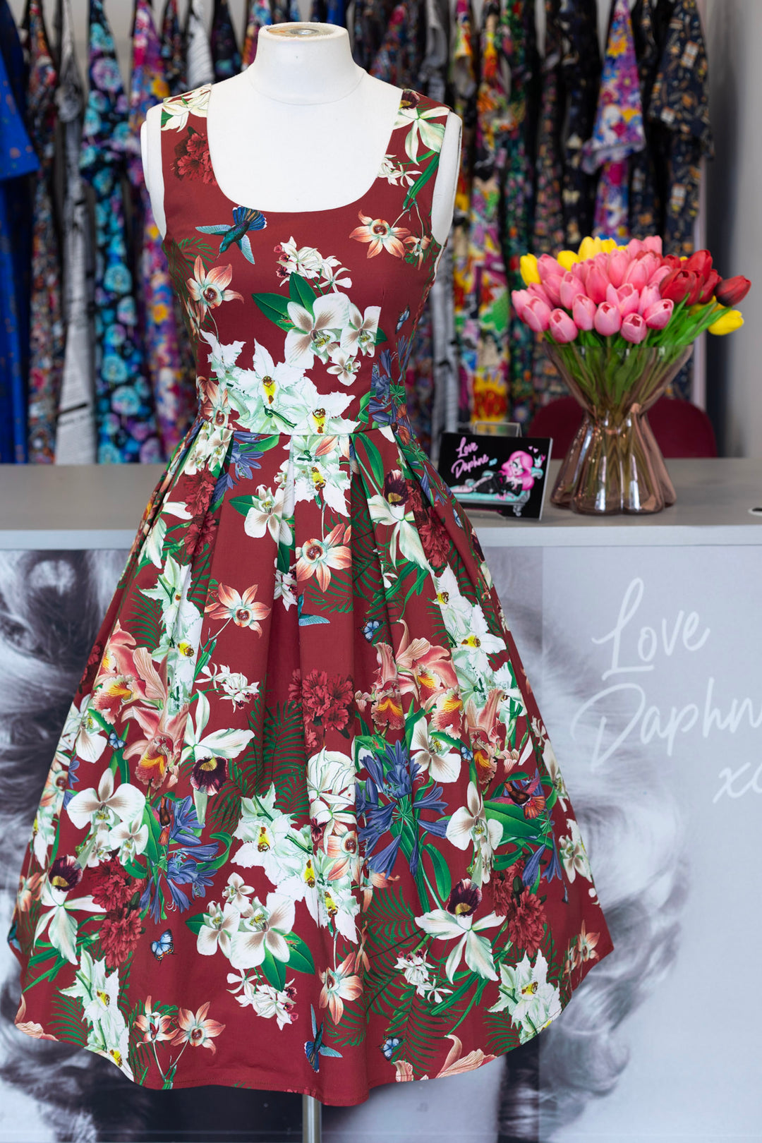 PREORDER - Amanda Burgundy Scoop Neck Botanical Print Dress - Expected dispatch 7th of July