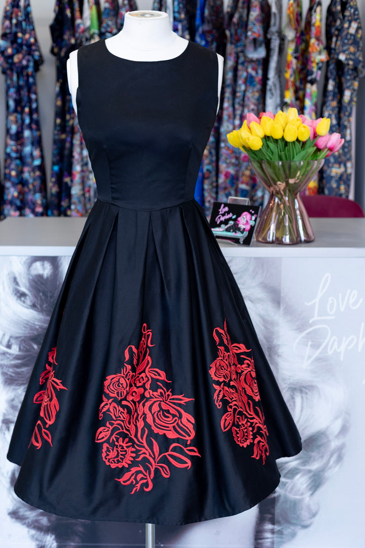 Annie Retro Black and Red Embroidered Swing Dress