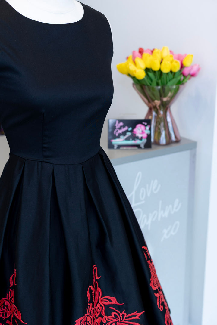 Annie Retro Black and Red Embroidered Swing Dress