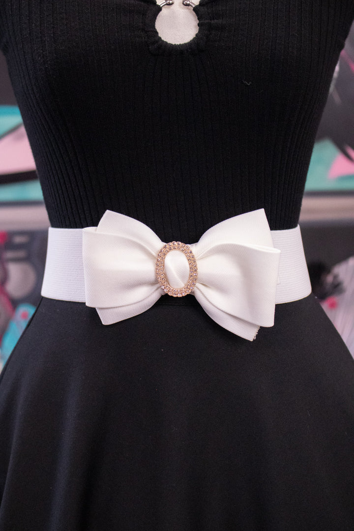 Rhinestone Bow Belt - White