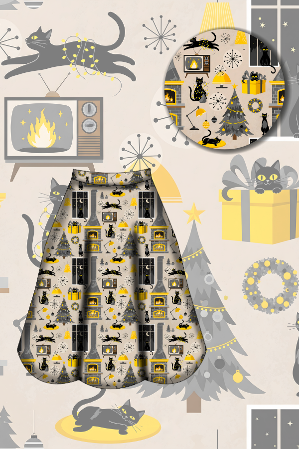 Eden Skirt - Retro Cats Christmas - Preorder for dispatch 28th of October