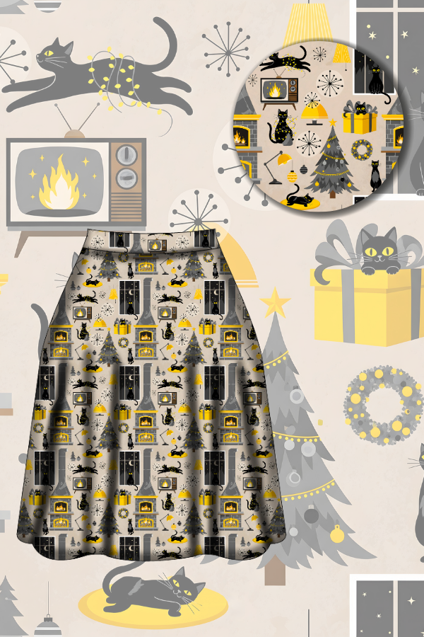 Iris Swing Skirt - Retro Cats Christmas - Preorder for dispatch 28th of October