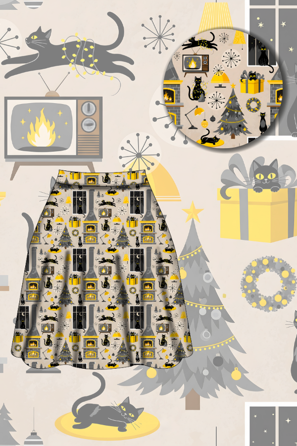 Nellie Skater Skirt - Retro Cats Christmas - Preorder for dispatch 28th of October
