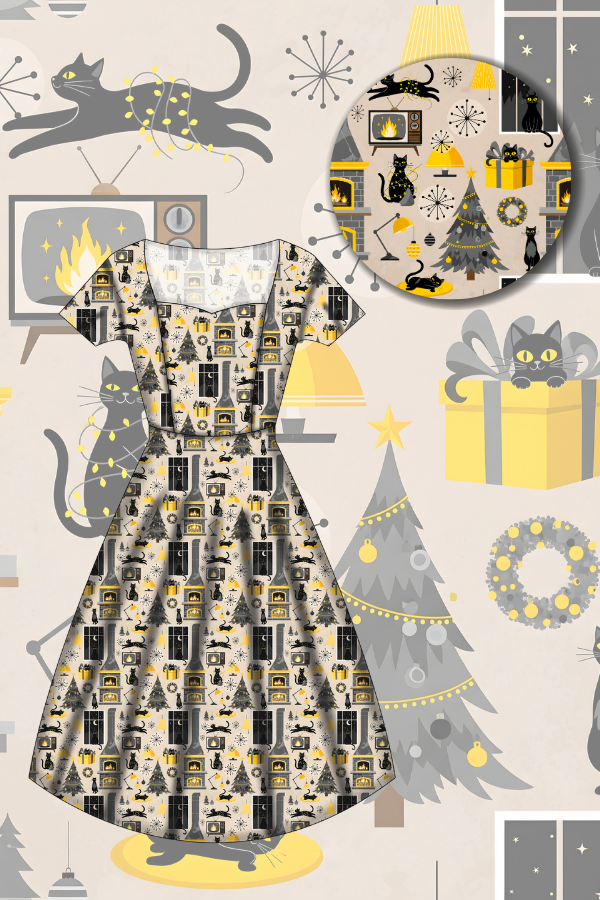 Pixie Sweetheart Dress - Retro Cats Christmas - Preorder for dispatch 28th of October