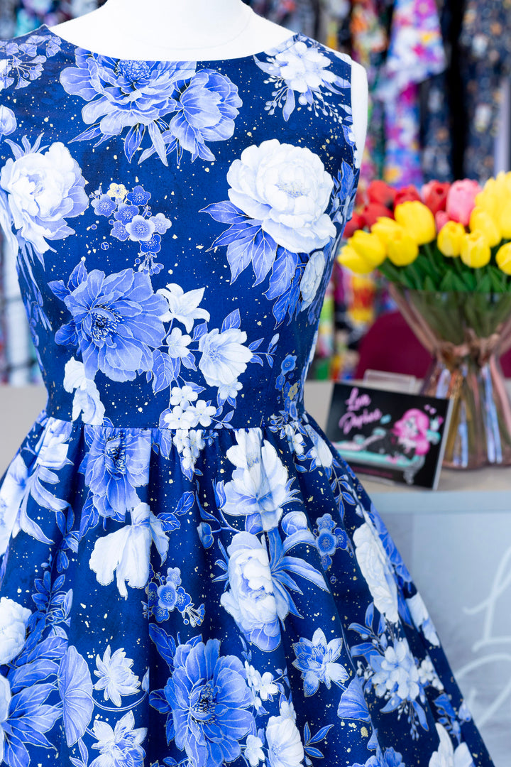 Metallic Blue Floral Vintage Dress