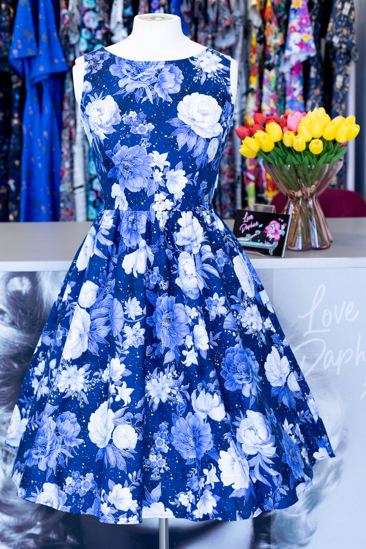 Metallic Blue Floral Vintage Dress