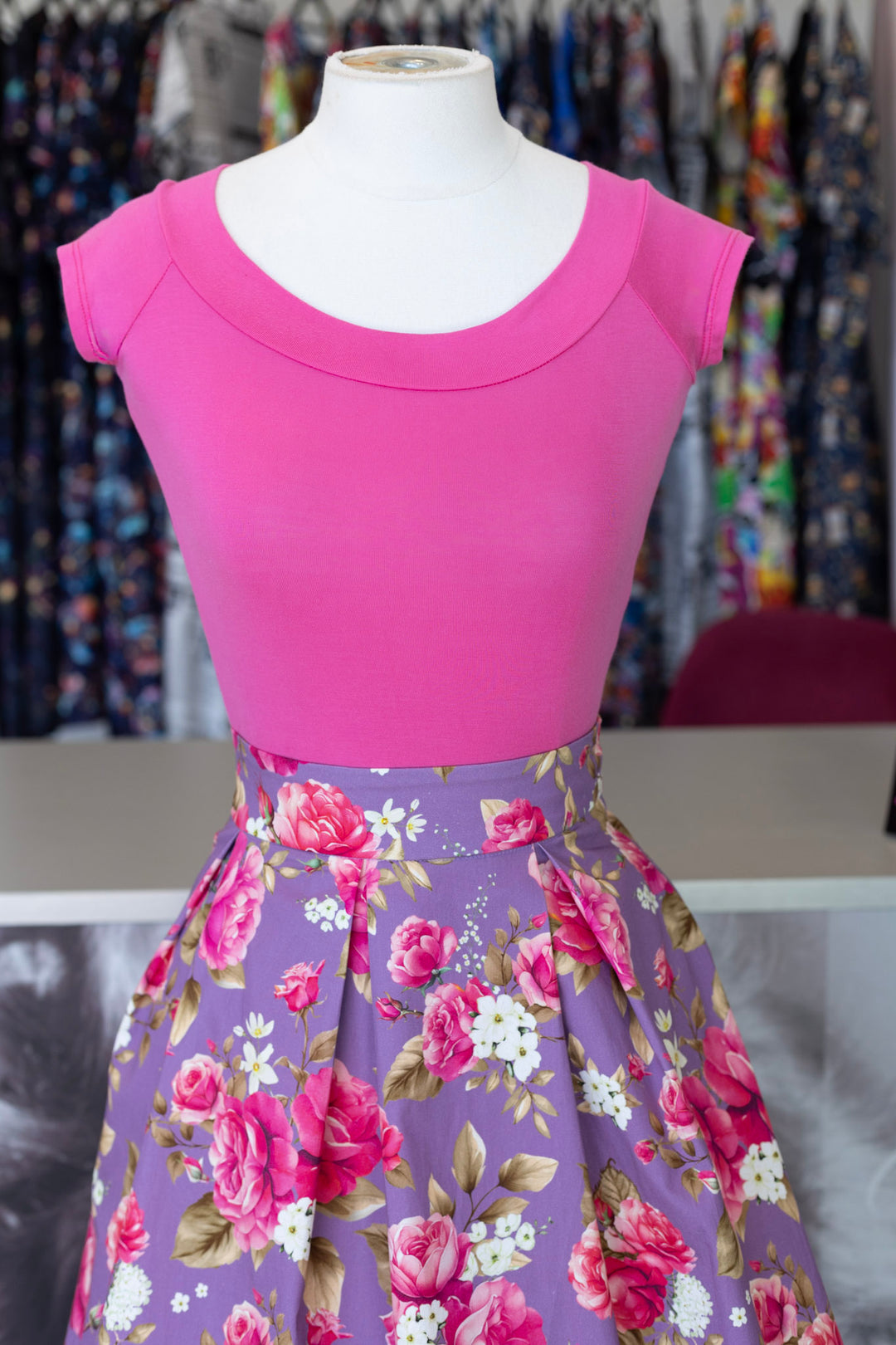 Retro Boat Neck Top in Hot Pink