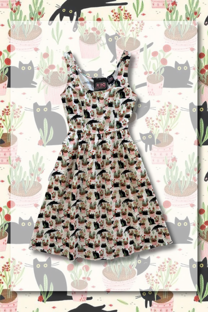 PREORDER - Cats & Plants Fit & Flare Dress - Estimated dispatch 12th of November