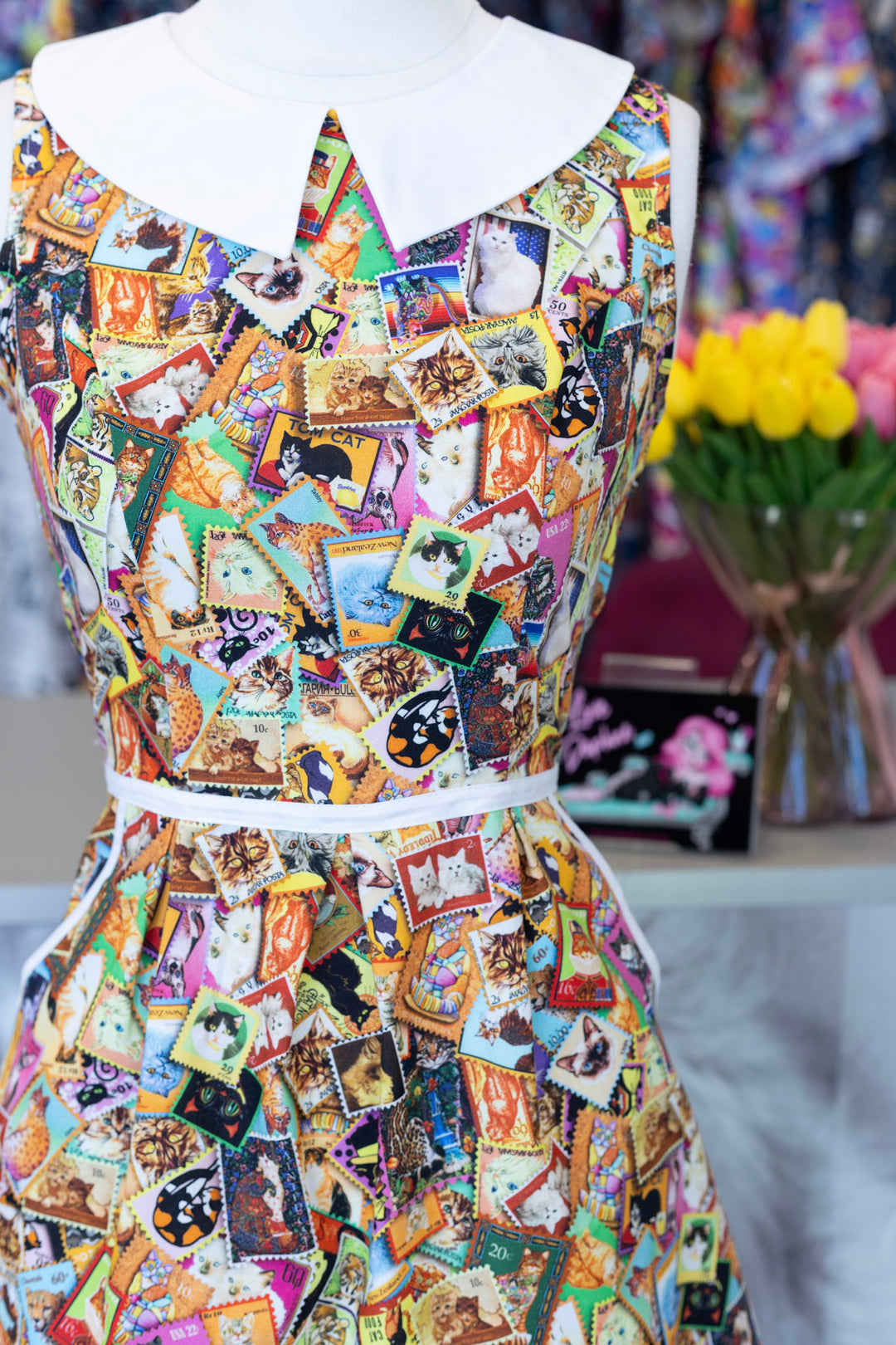 PREORDER - Cats Stamps Collared Dress - Expected dispatch date 29th of September
