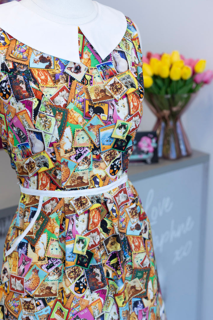 PREORDER - Cats Stamps Collared Dress - Expected dispatch date 29th of September