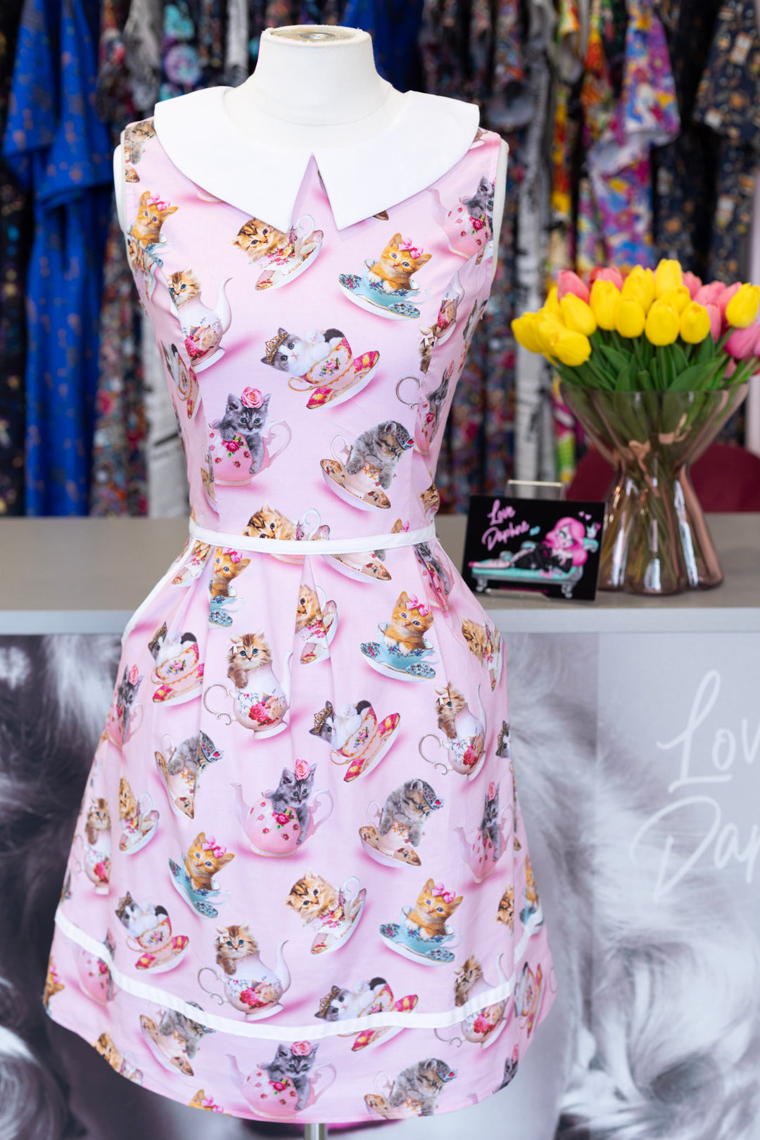 Cats & Teacups Collared Dress