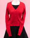 Cuddles V Neck Cable Knit Cardigan - Red