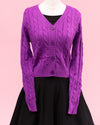 Cuddles V Neck Cable Knit Cardigan - Purple