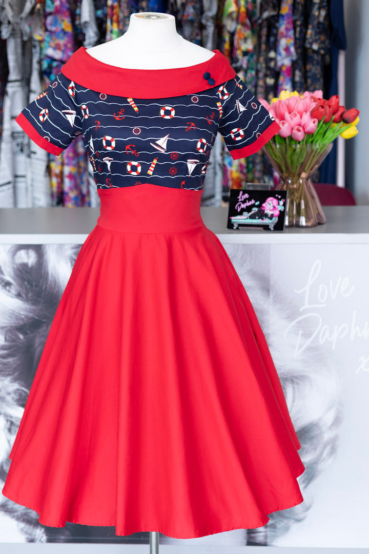 PREORDER - Darlene Navy Blue & Burgundy Nautical Swing Dress - Expected dispatch 25th of June