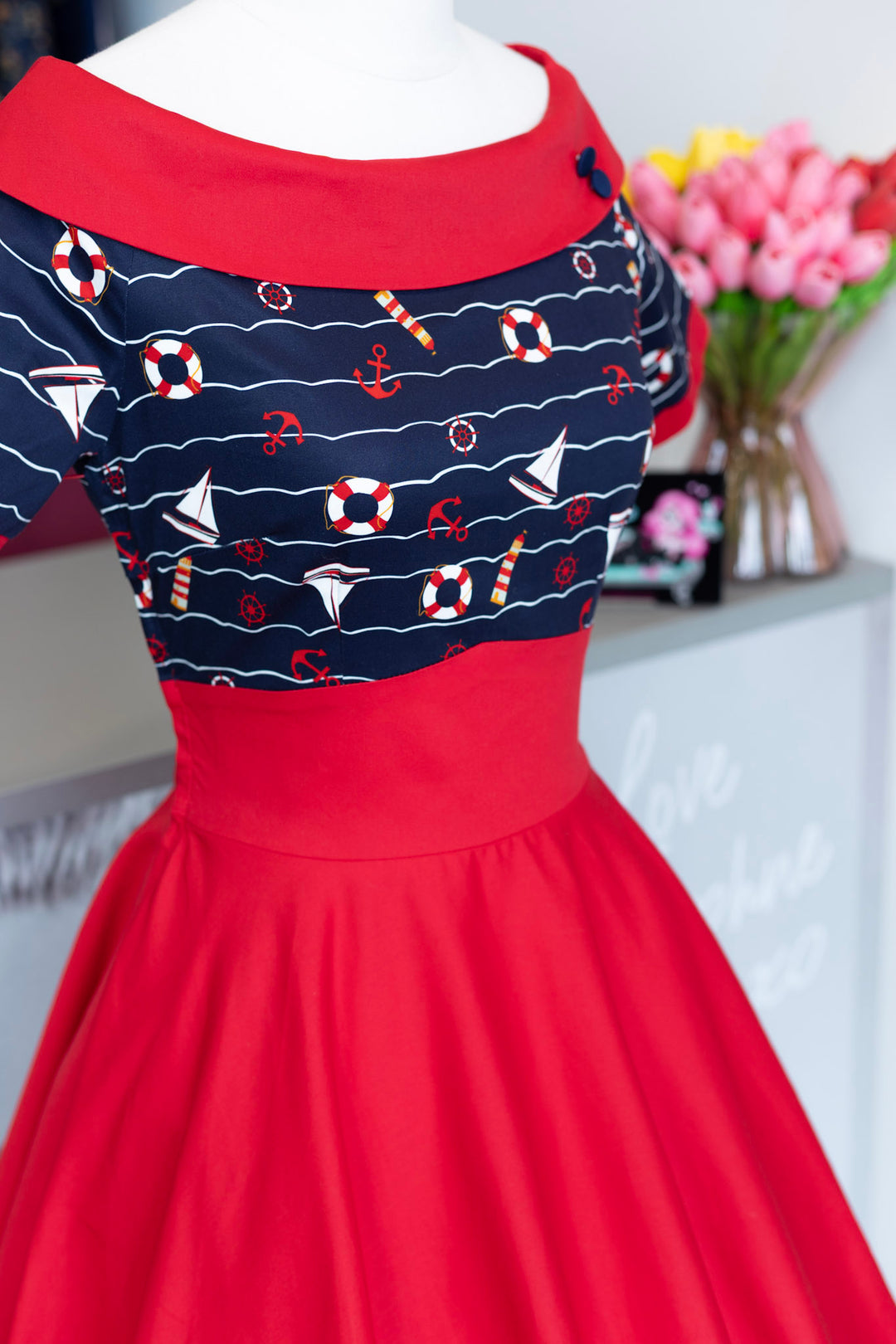 PREORDER - Darlene Navy Blue & Burgundy Nautical Swing Dress - Expected dispatch 25th of June